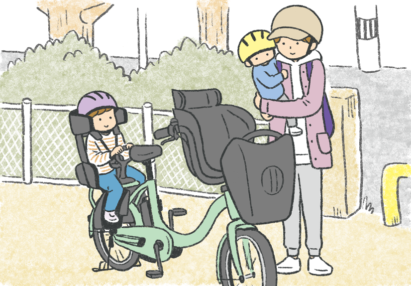子ども乗せ電動自転車の転倒事故の現状と、正しい乗せ降ろし方法の説明