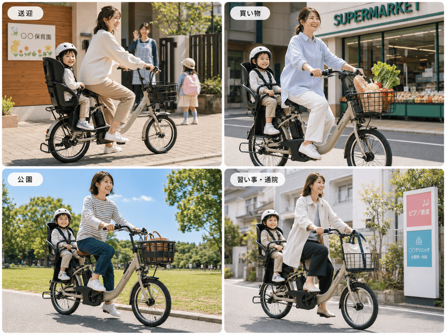 送迎、買い物、公園、習い事など子乗せ電動自転車の利用シーン