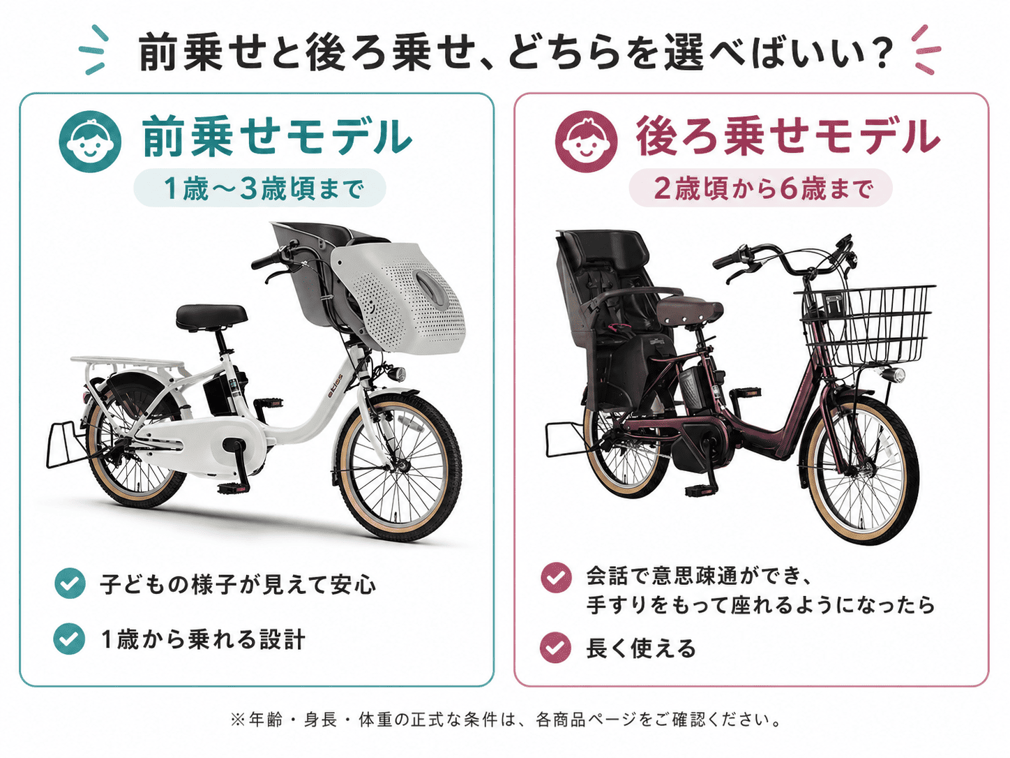 子乗せ電動自転車の前乗せと後ろ乗せの比較