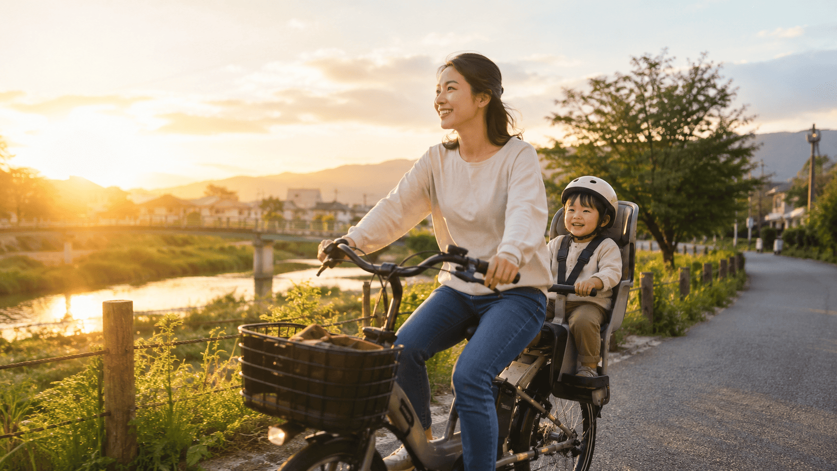 子乗せ電動自転車で親子が出かける様子